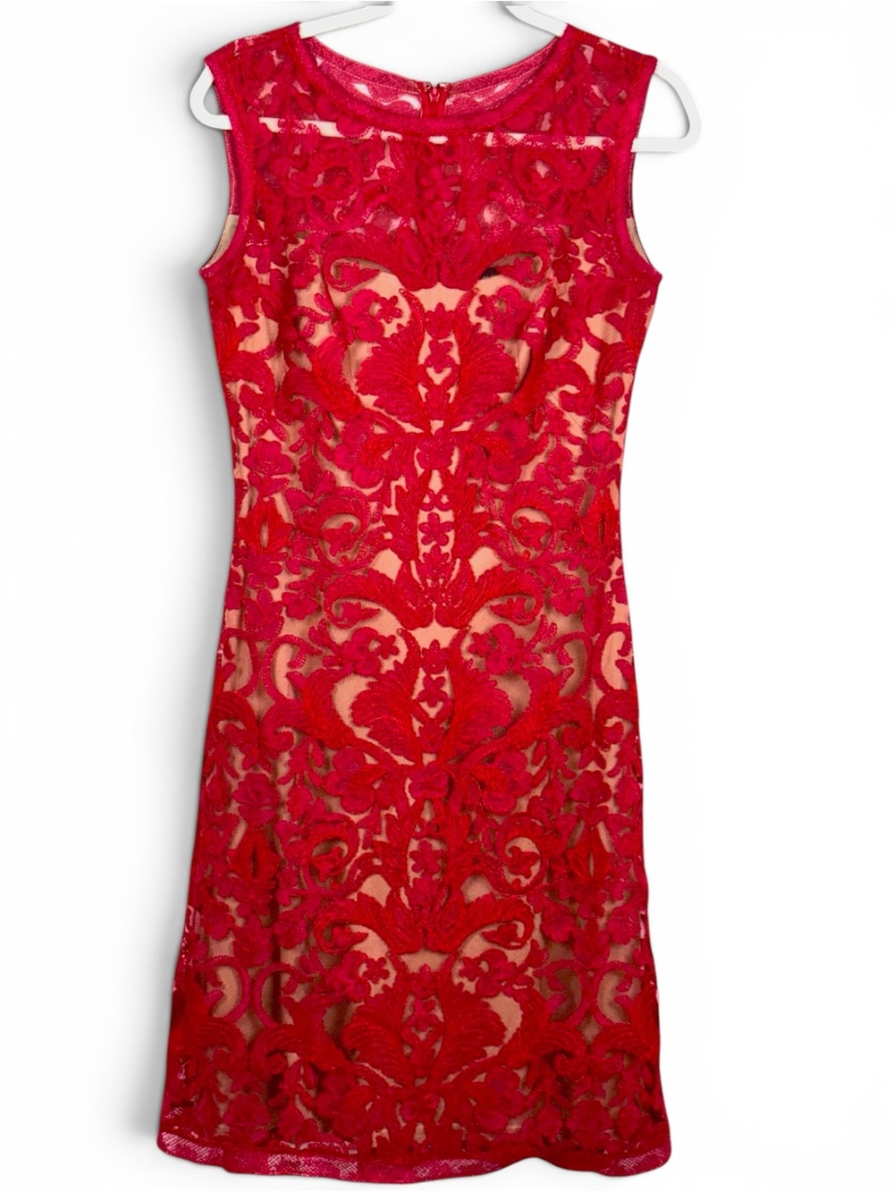 Tadashi Shoji Corded Embroidery On Tulle Midi Dress Flame Red Nude Illusion 6